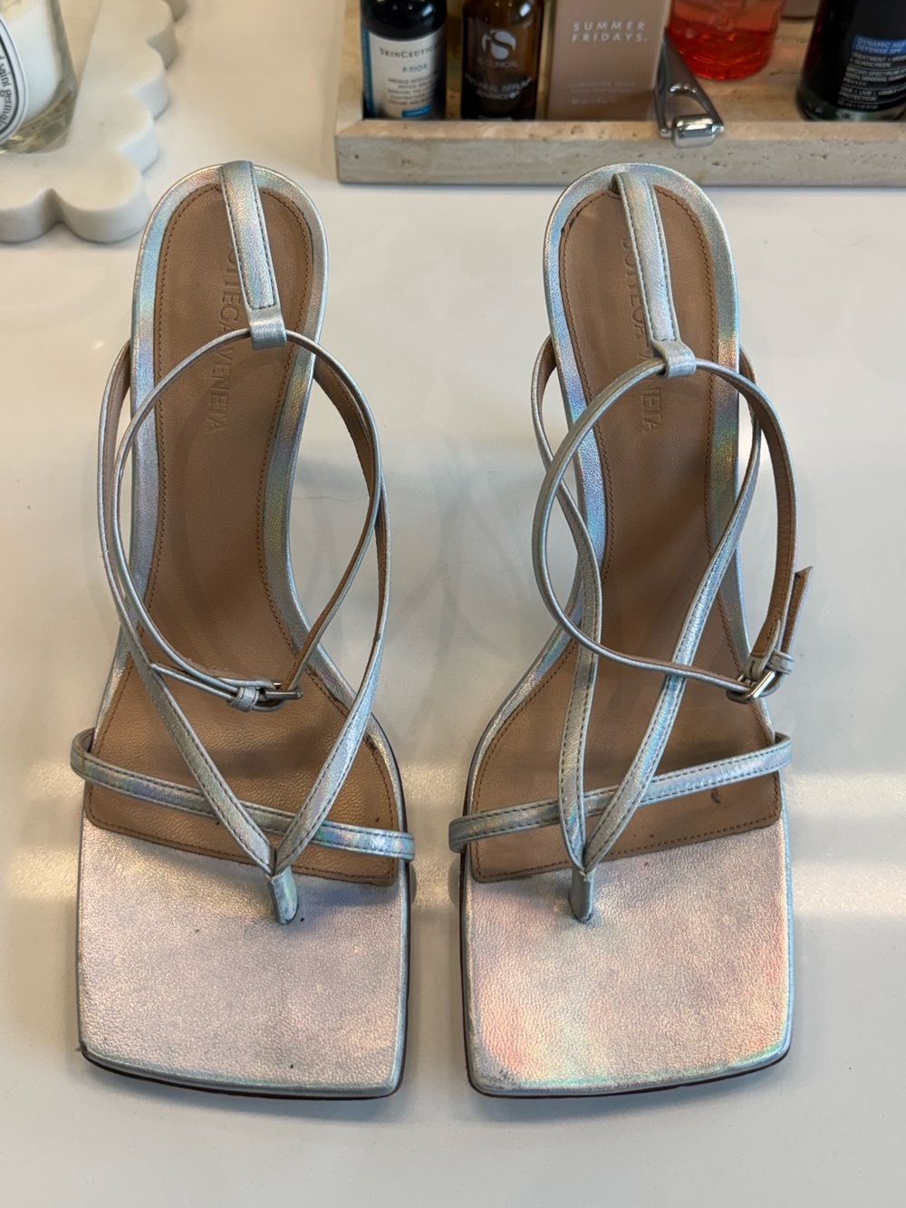 Bottega Veneta Silver Strappy Square-Toe Heel